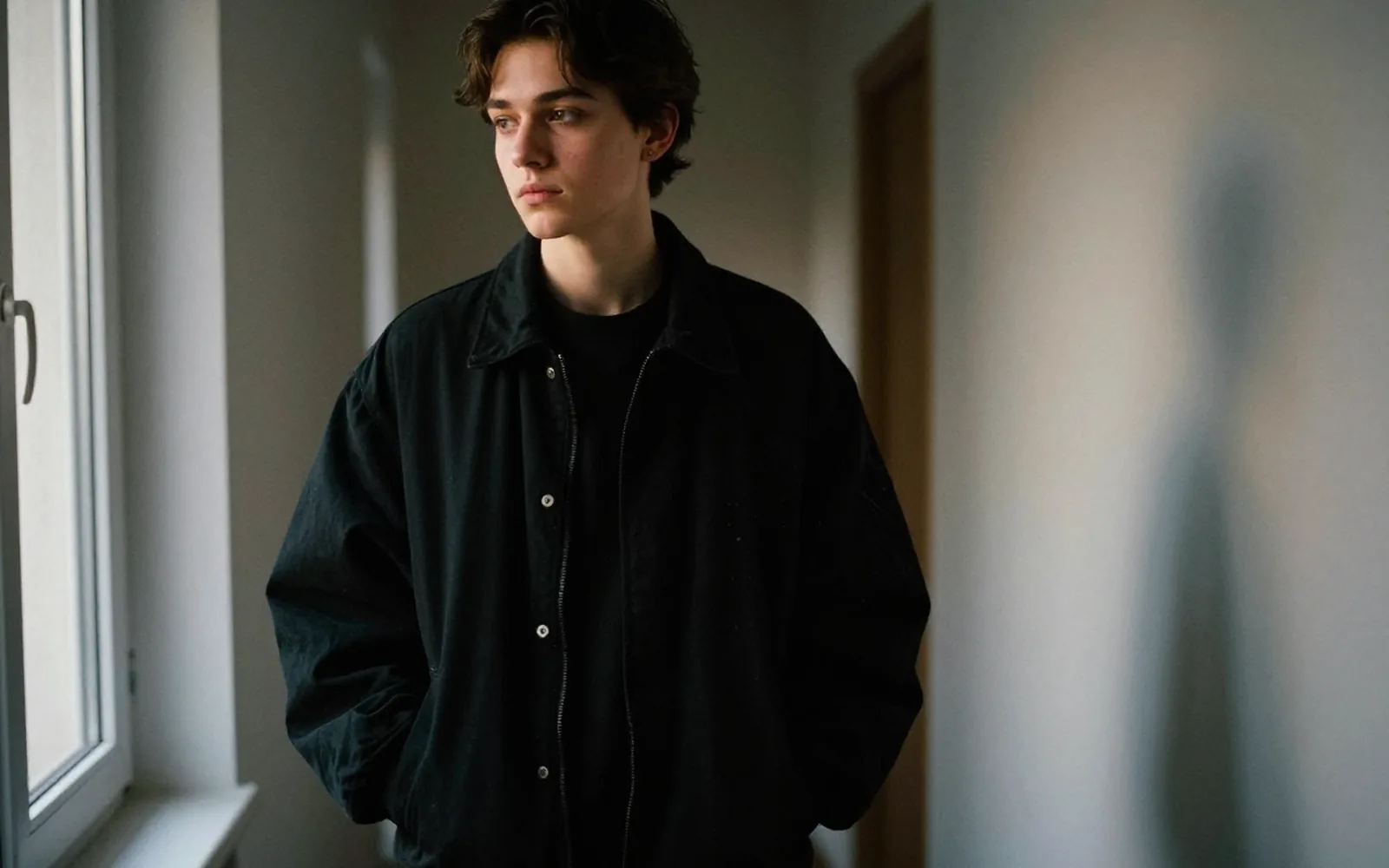 Junge Person in oversized schwarzer Jacke steht pensiv im Licht eines Fensters – Berliner Altbau, gedämpfte Stimmung.